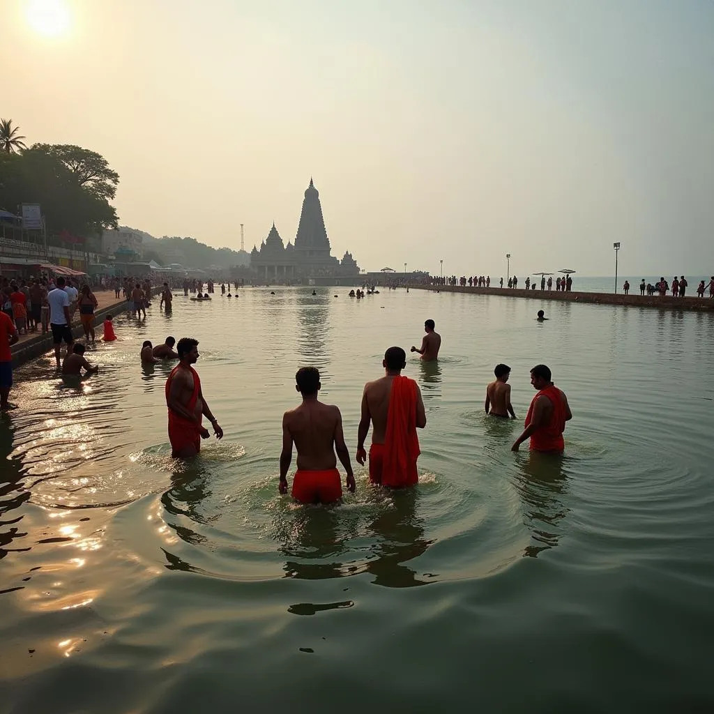 Pilgrims Taking a Sacred Bath in Agni Theertham, Rameshwaram