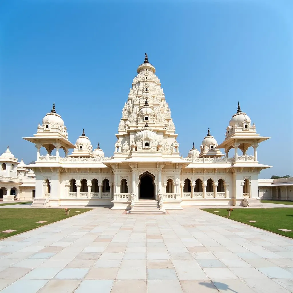 Sanganer Jain Temple in Jaipur, India, with its intricate marble carvings and soaring towers.