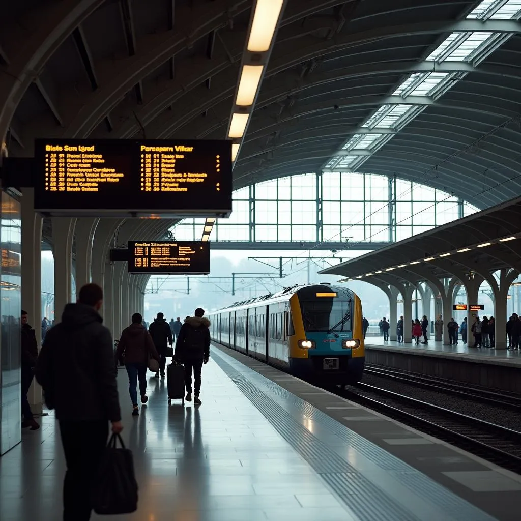 Busy train platform at Schiphol Airport with clear signage and digital displays