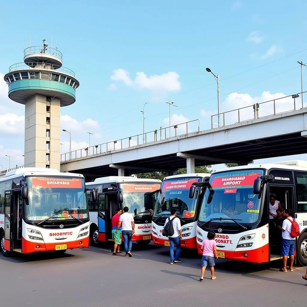 Shamshabad Airport bus stop with buses arriving and departing