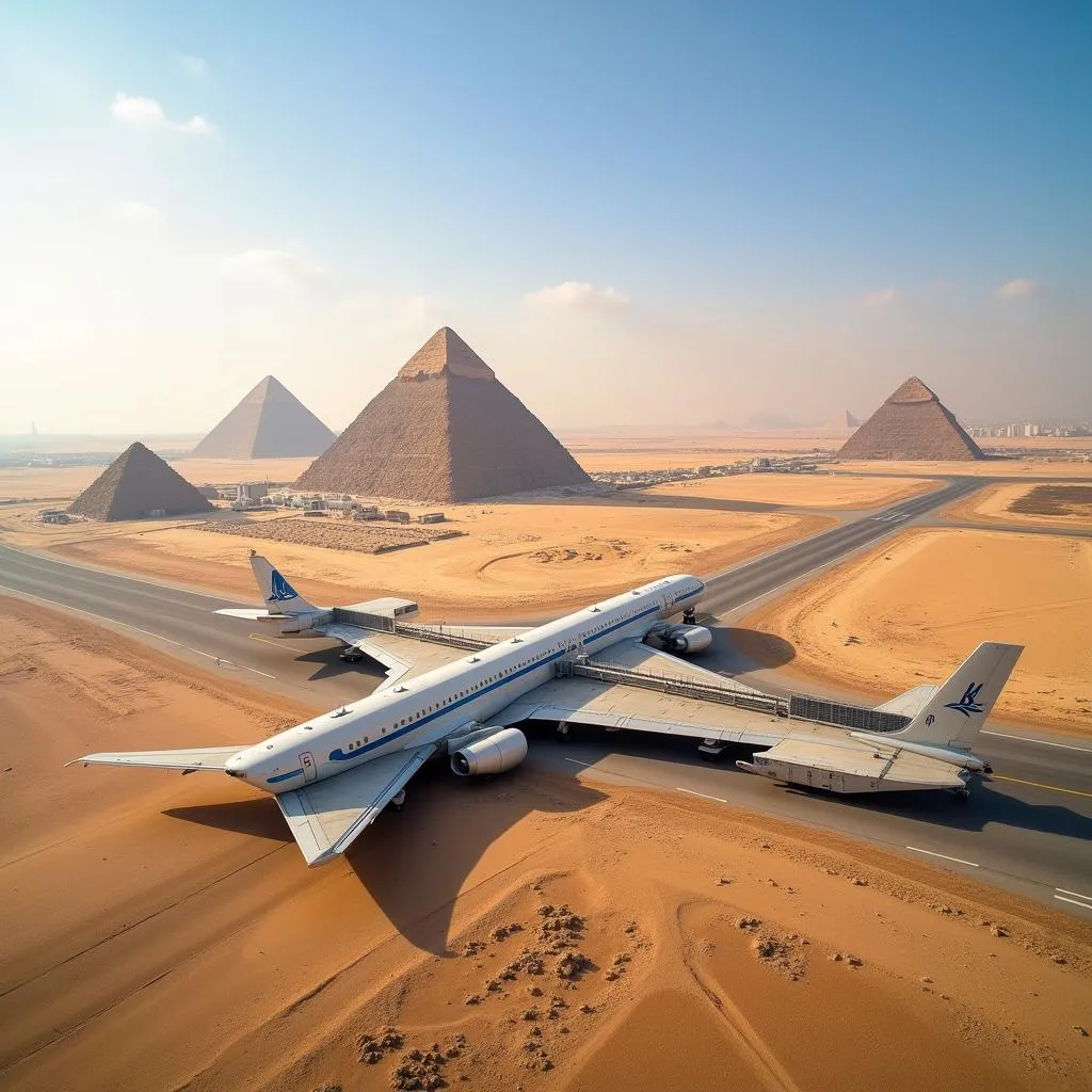 Aerial view of Sphinx International Airport with Giza Pyramids in the background