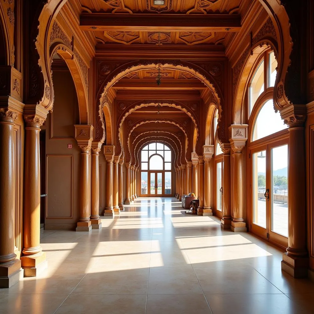 The traditional Kashmiri architecture of Srinagar Airport's interior.