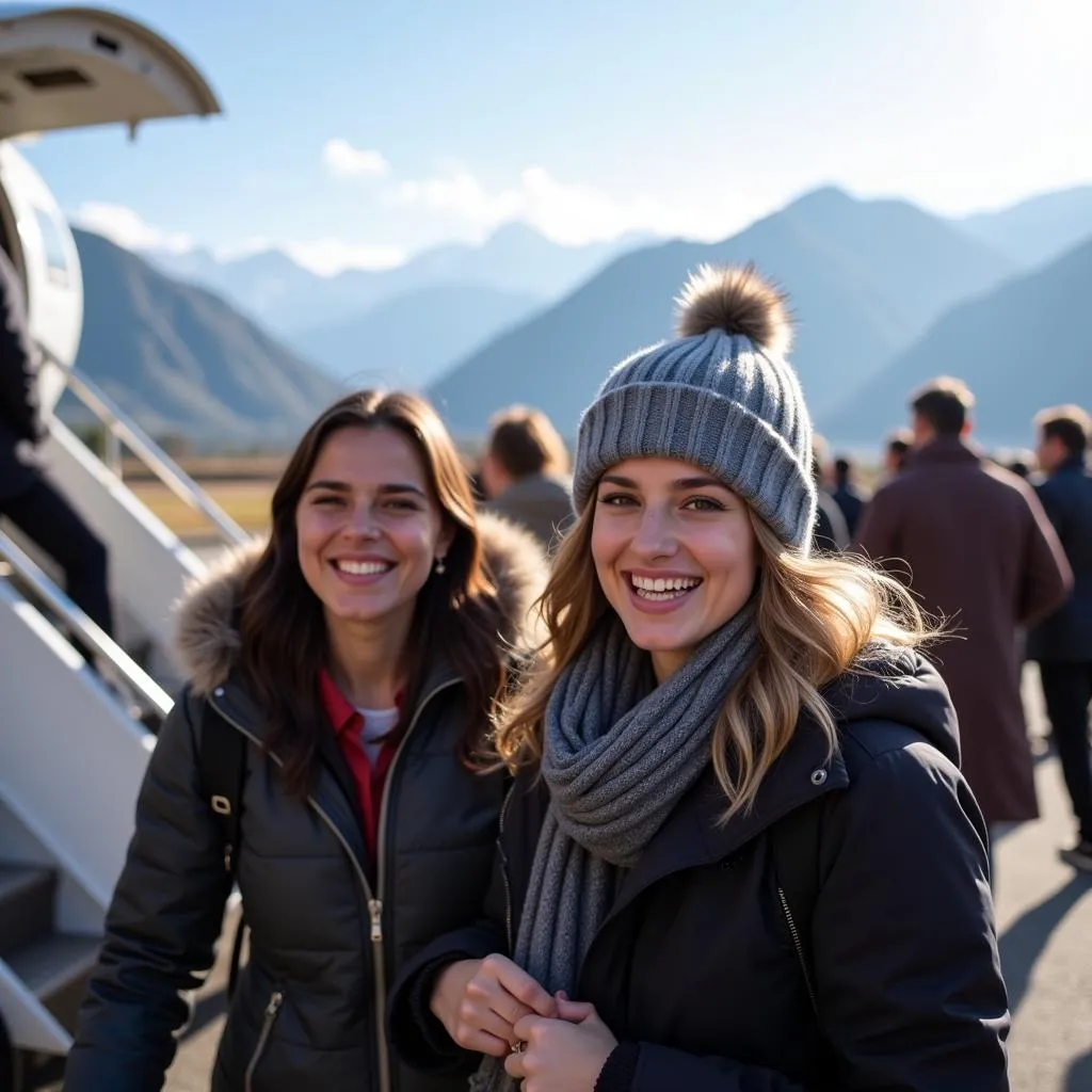  Passengers arriving at Srinagar Airport with smiles, greeted by the fresh mountain air.