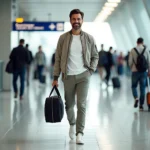 Man in Stylish Airport Outfit Walking Through Terminal