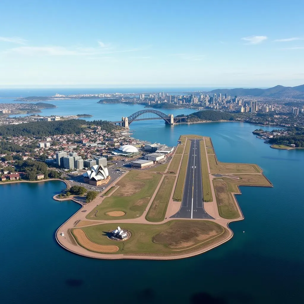 Sydney Airport aerial view with cityscape backdrop