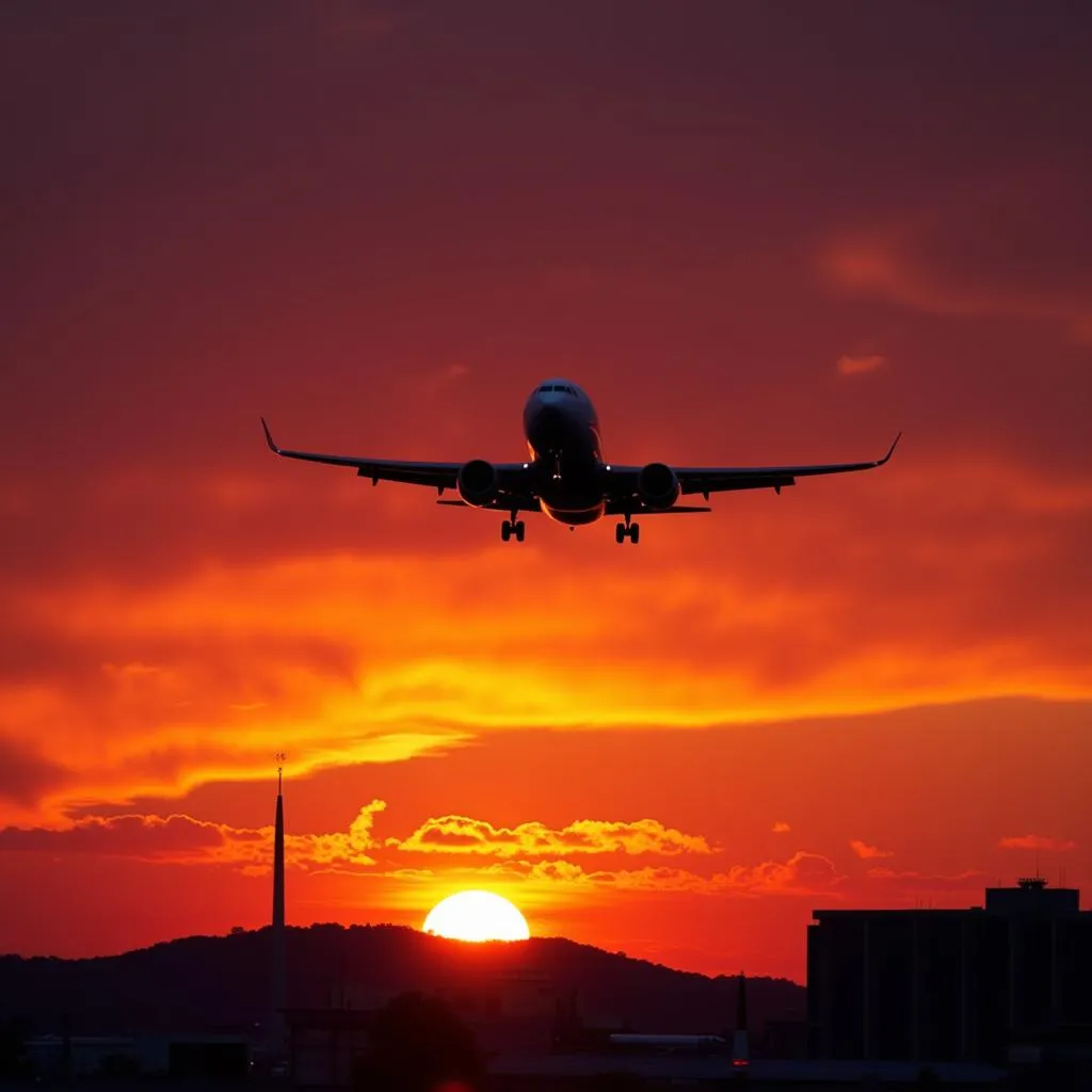 Plane taking off at sunset at Sydney Airport