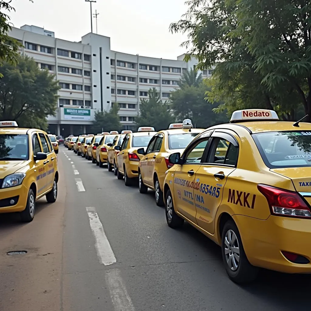 A line of taxis waiting outside the CMC Vellore Hospital