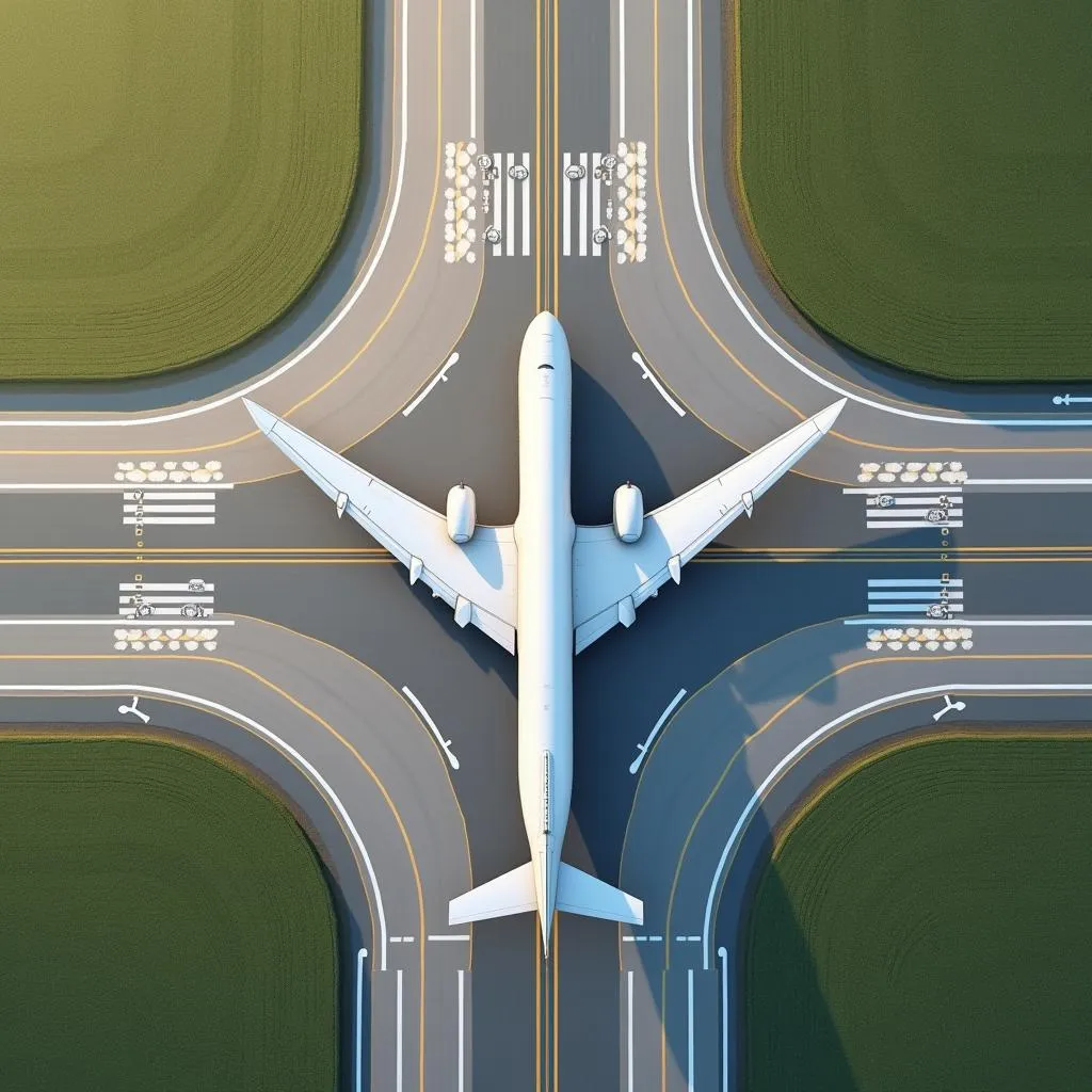 Wide-body aircraft navigating a taxiway loop