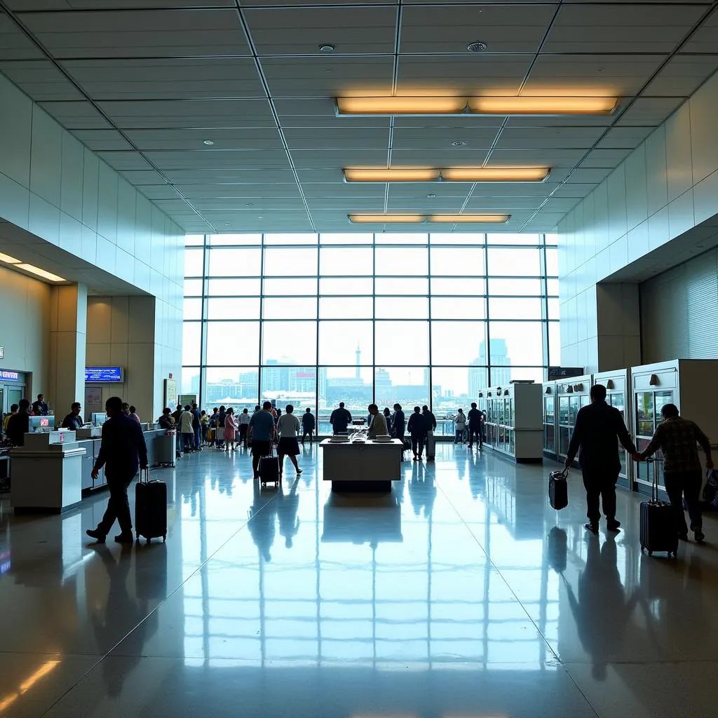 A view of the spacious arrivals hall at Terminal 2 Mumbai Airport, showcasing the passenger flow and amenities