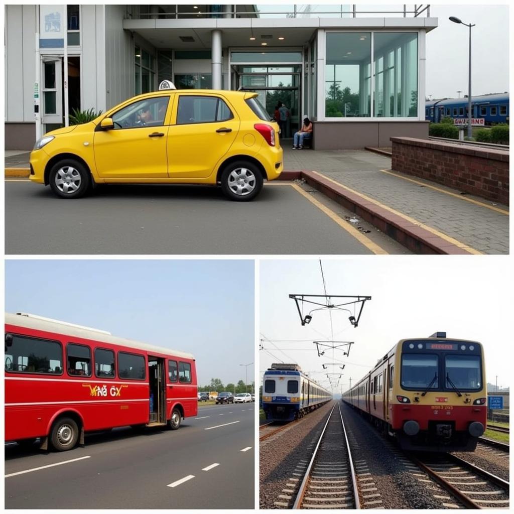 A collage showing various transportation options from Trichy Airport to Velankanni