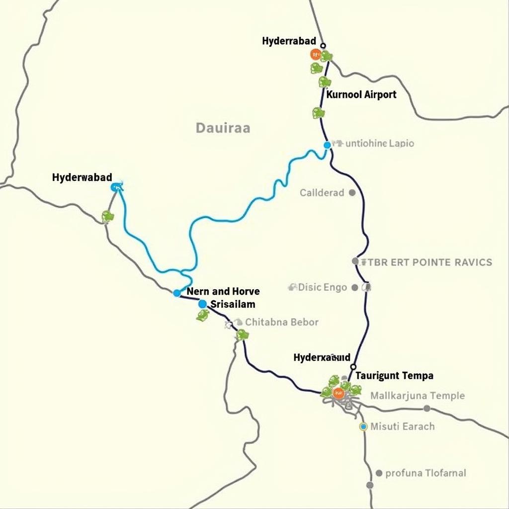 Map showing route to Mallikarjuna Temple from nearby airports