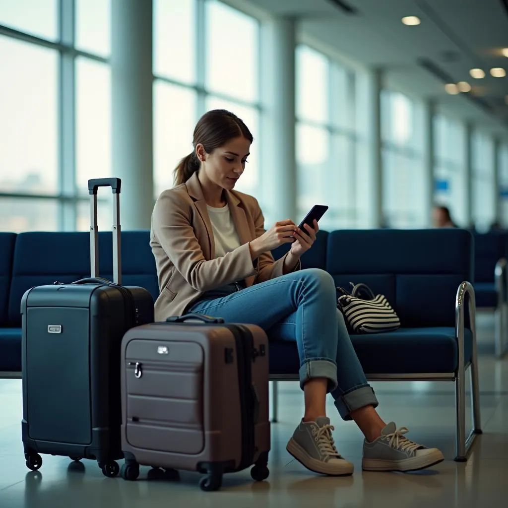 Traveler Checking Phone at Airport