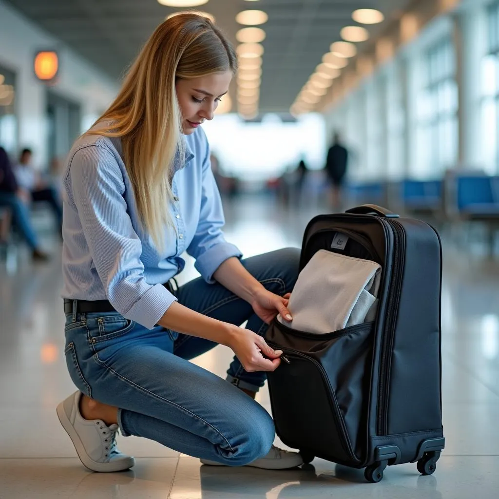 Traveler packing their luggage for airport storage