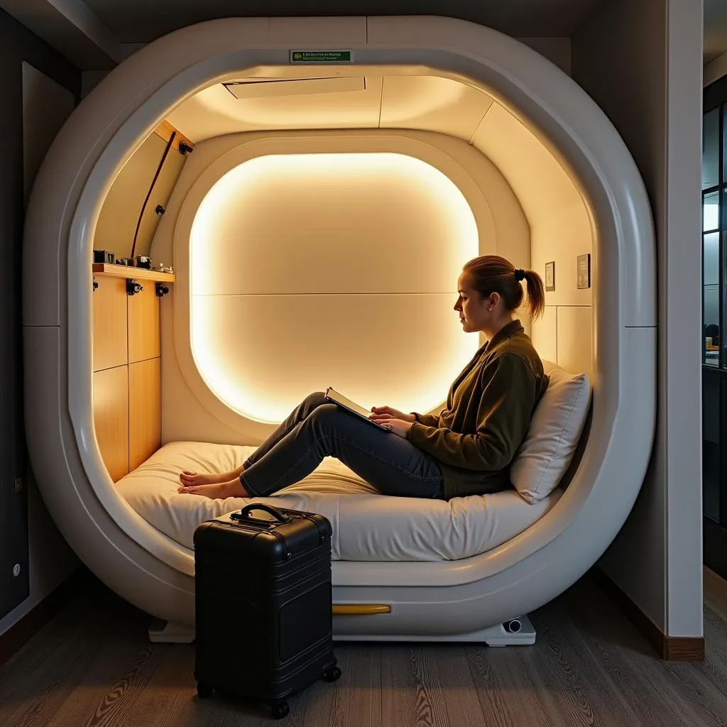 Traveler Relaxing in a Capsule Hotel at Mumbai Airport