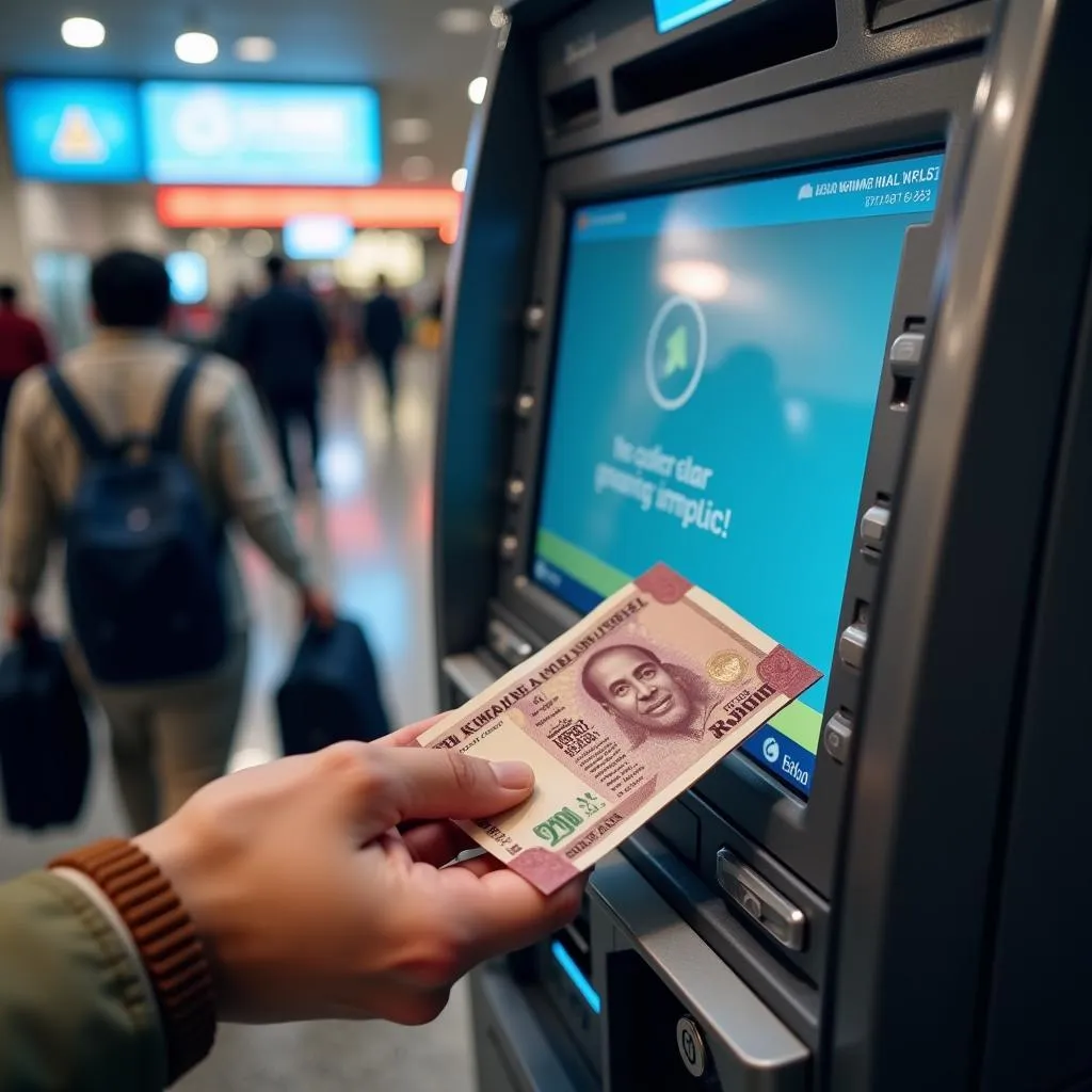 A traveler using an ATM at Mumbai Airport