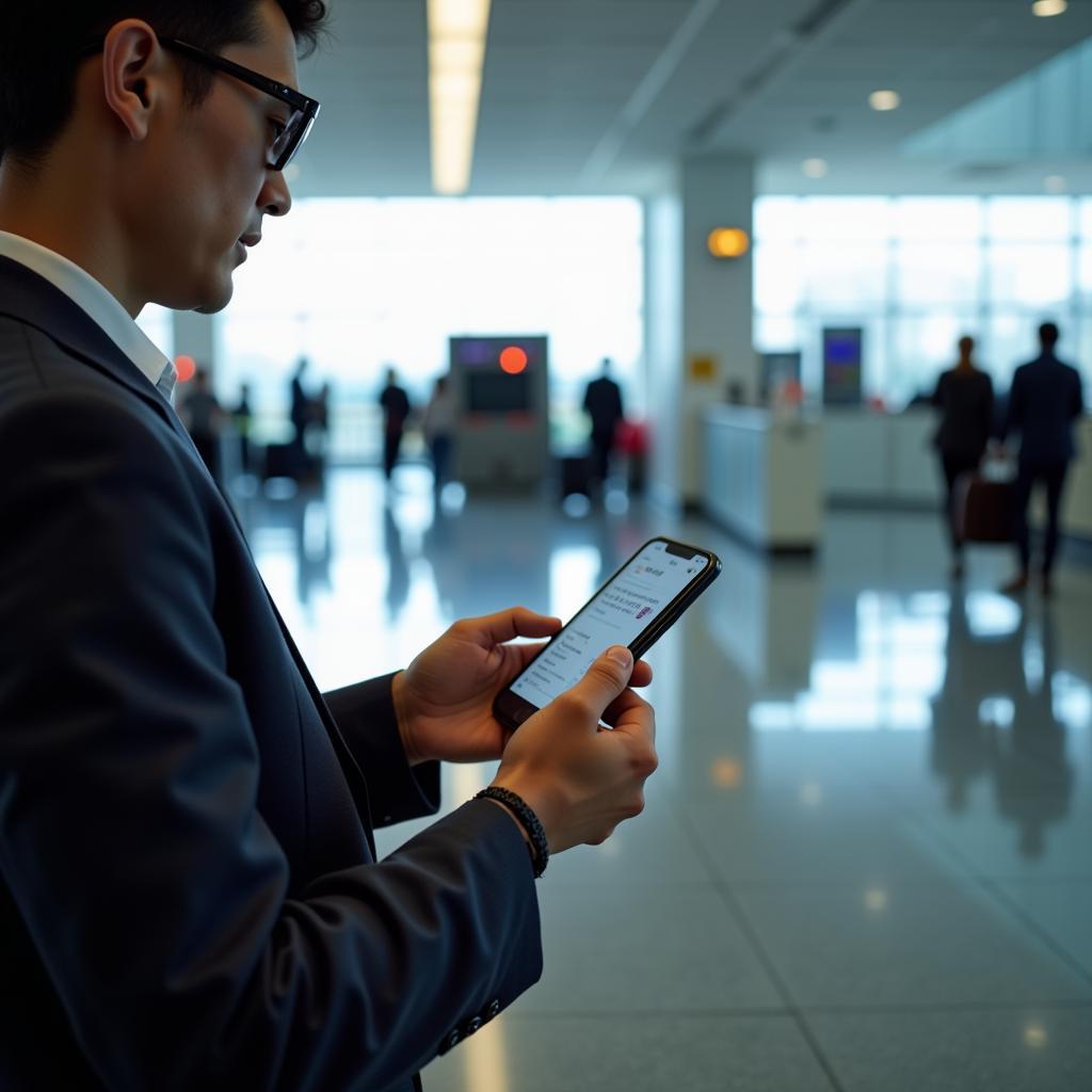 Traveler using phone while waiting at airport gate