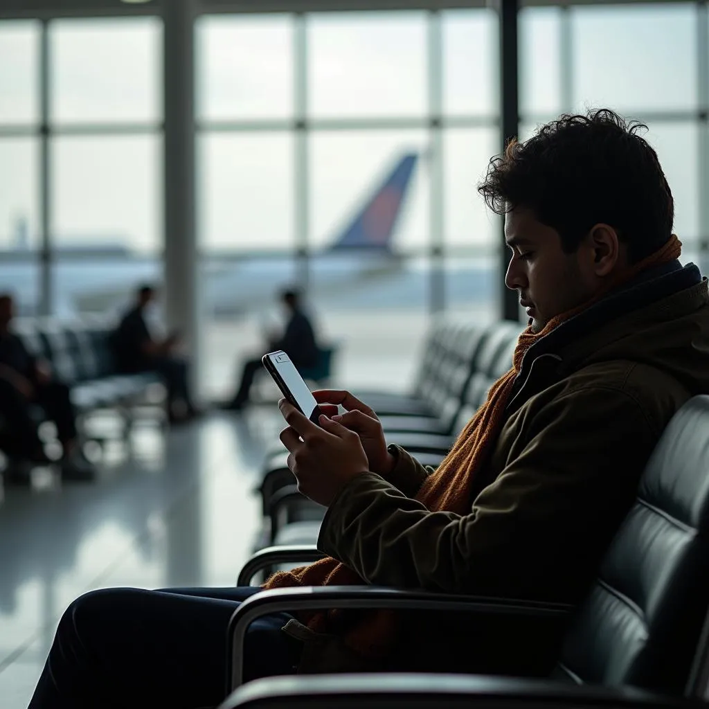 Traveler Using Phone at Pathankot Airport