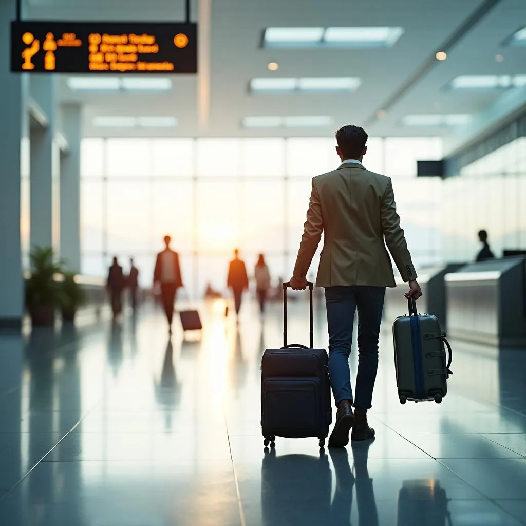 Traveler with suitcase walking through a modern airport terminal