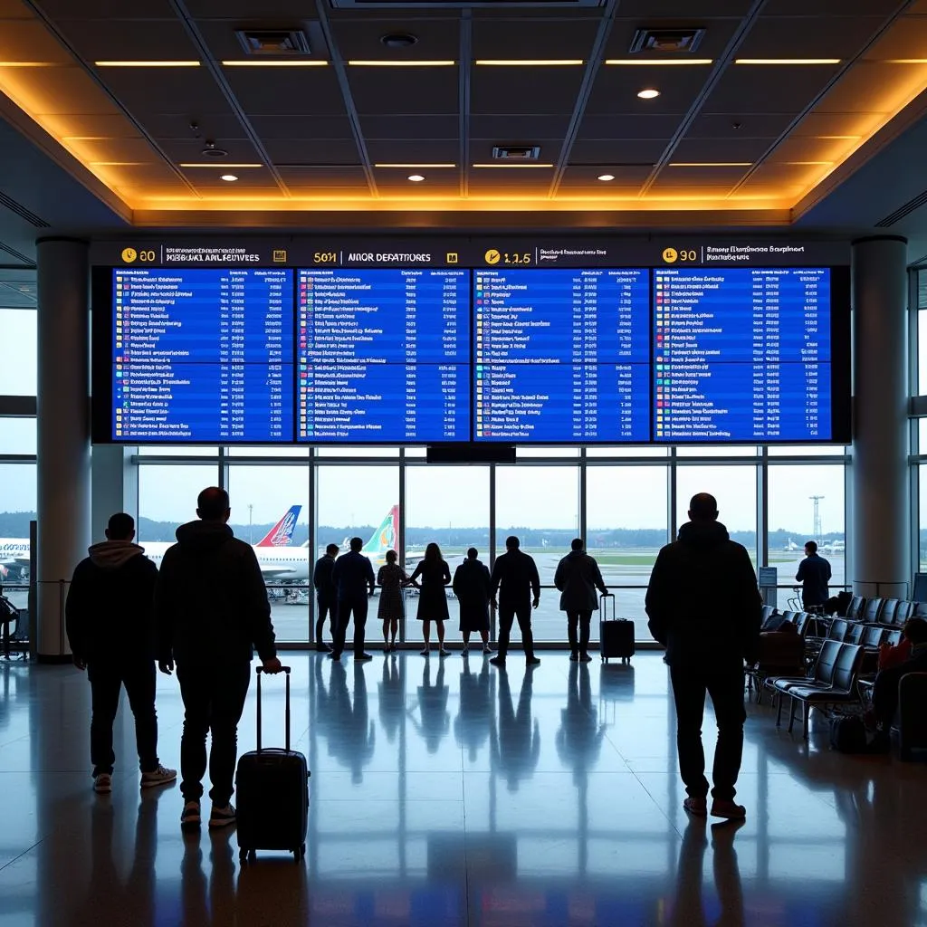 Travelers checking flight information at TNR Airport