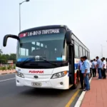 TSRTC Pushpak Airport Liner bus parked at Rajiv Gandhi International Airport.