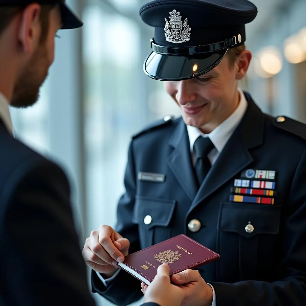 UK Border Control officer reviewing a passenger's passport.