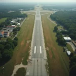 Aerial view of an unserved airport with a single runway and minimal infrastructure.