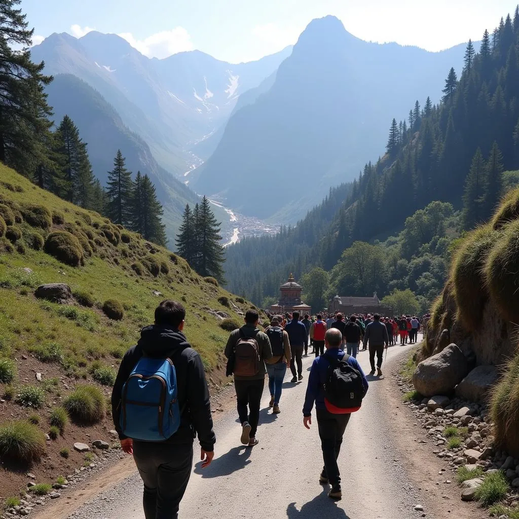 Devotees trekking towards Vaishno Devi shrine