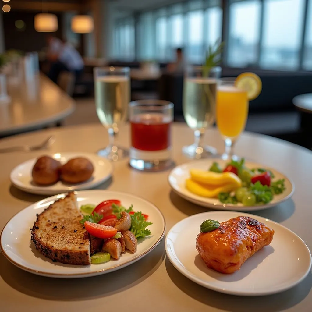 A variety of food and drinks are served in a Zurich Airport lounge