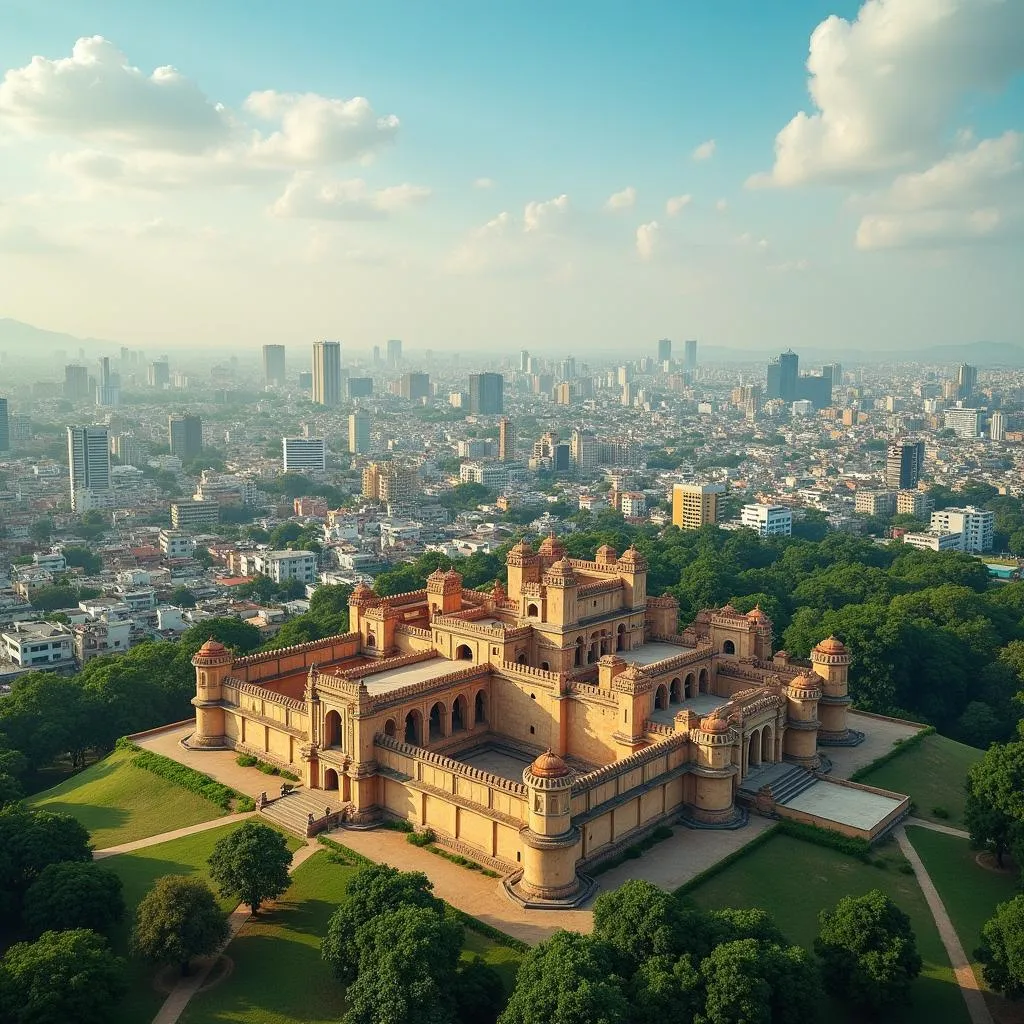 Panoramic view of Warangal city with historical fort in the background