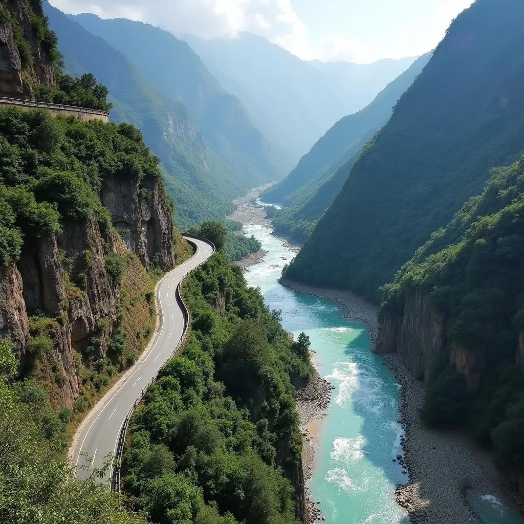 Winding mountain road alongside the Teesta River