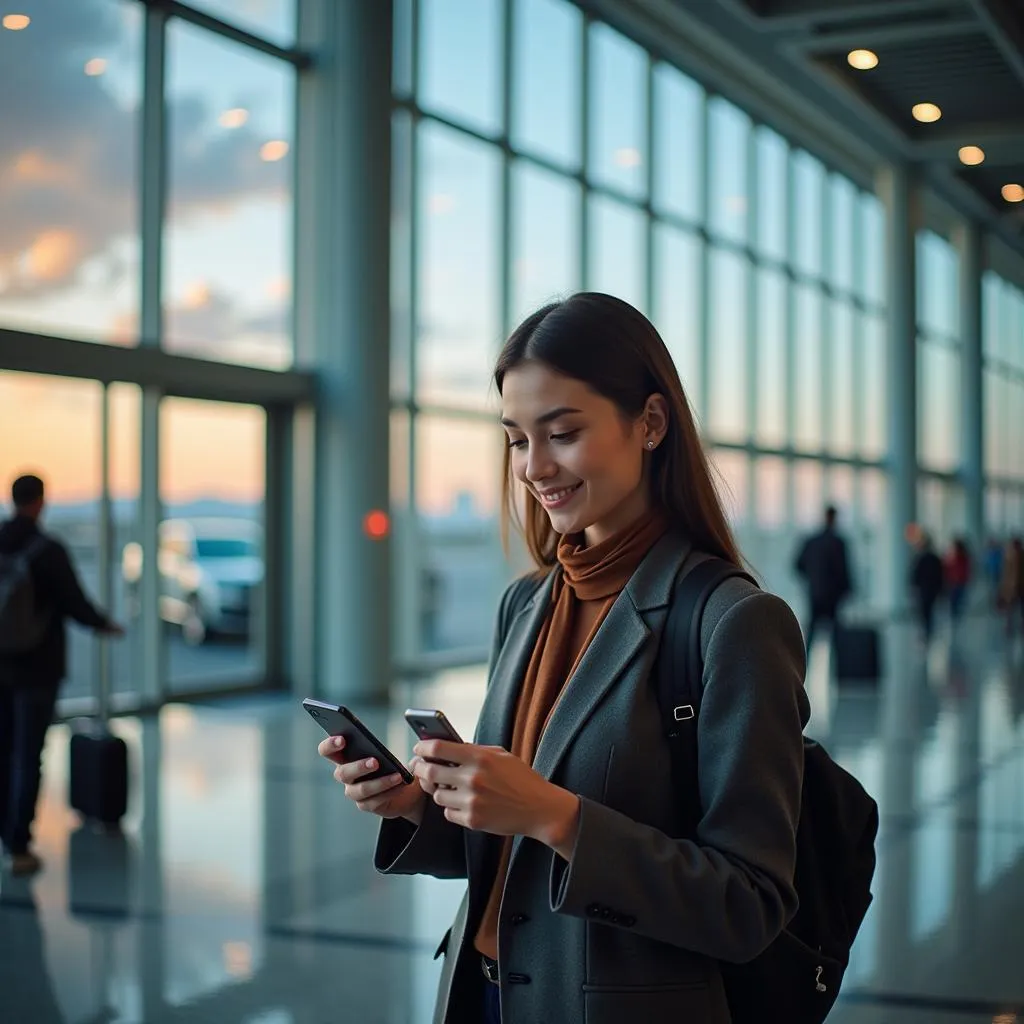 Traveler at airport using phone to check flight details