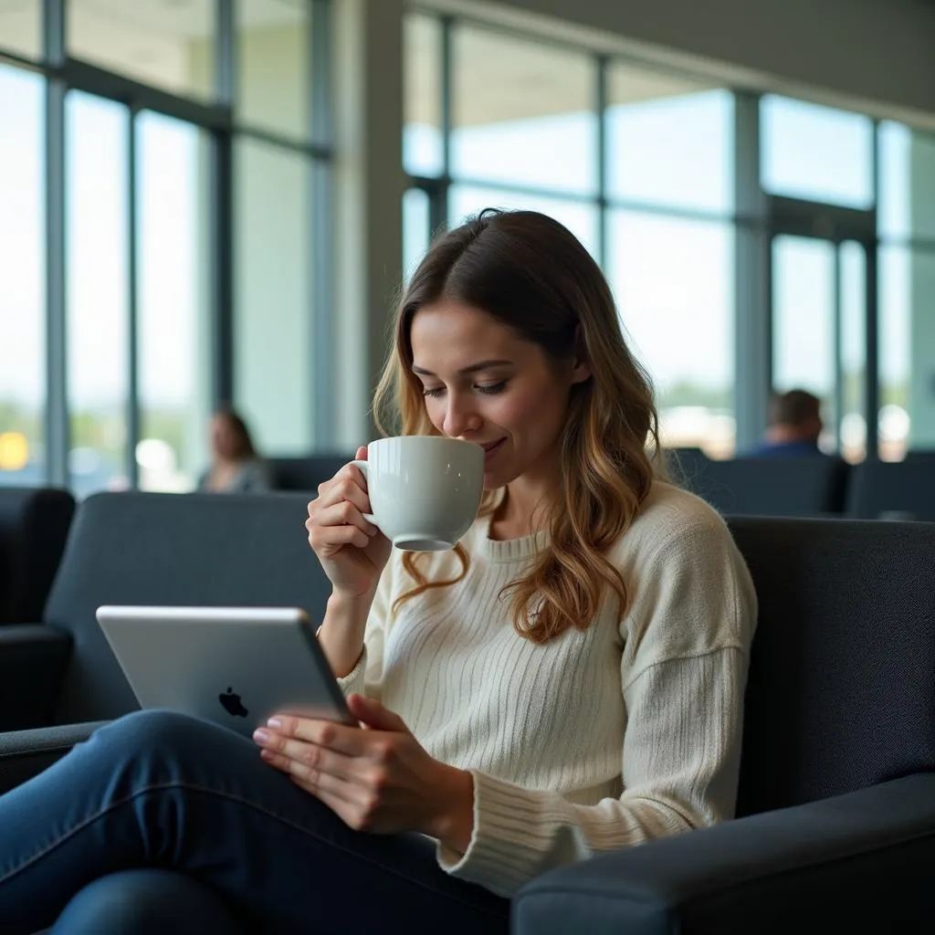 Woman relaxing with a cup of coffee in an airport lounge