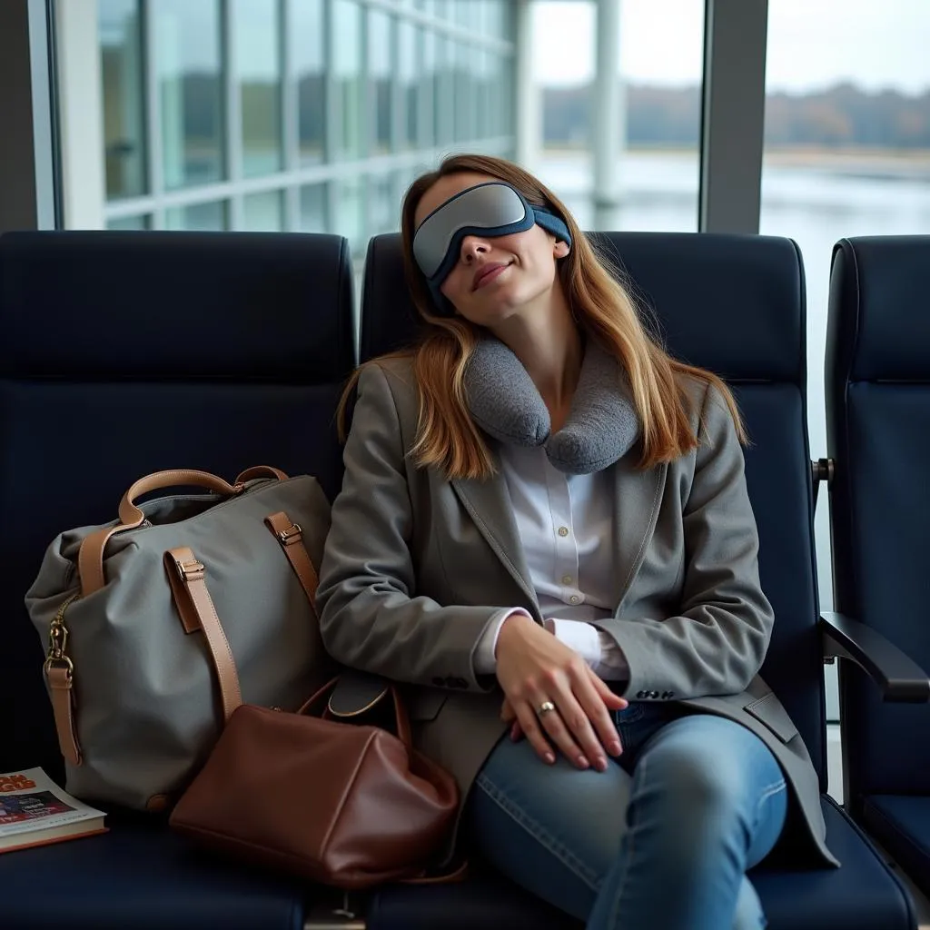 Woman sleeping in an airport with her travel essentials