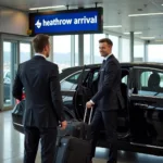 247 Airport Transfer London Heathrow Arrival: Passenger being greeted by a chauffeur at Heathrow Airport.