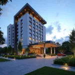 Modern 4-star hotel exterior near Delhi International Airport