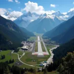 A.A. Ansari Bhuntar Airport Aerial View: A stunning aerial perspective showcases the airport nestled within the Himalayan mountains, highlighting its unique location and the challenging terrain.