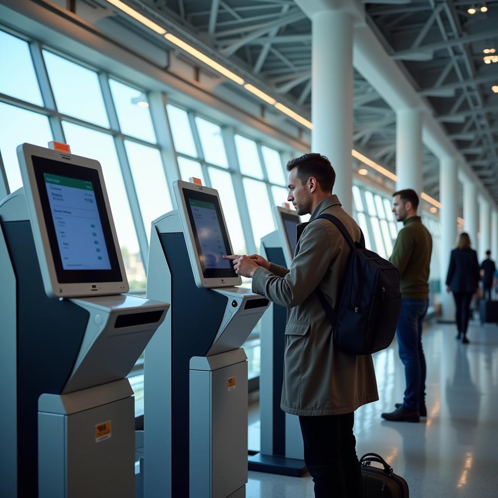 Passengers using AAI automated check-in kiosks at a modern airport