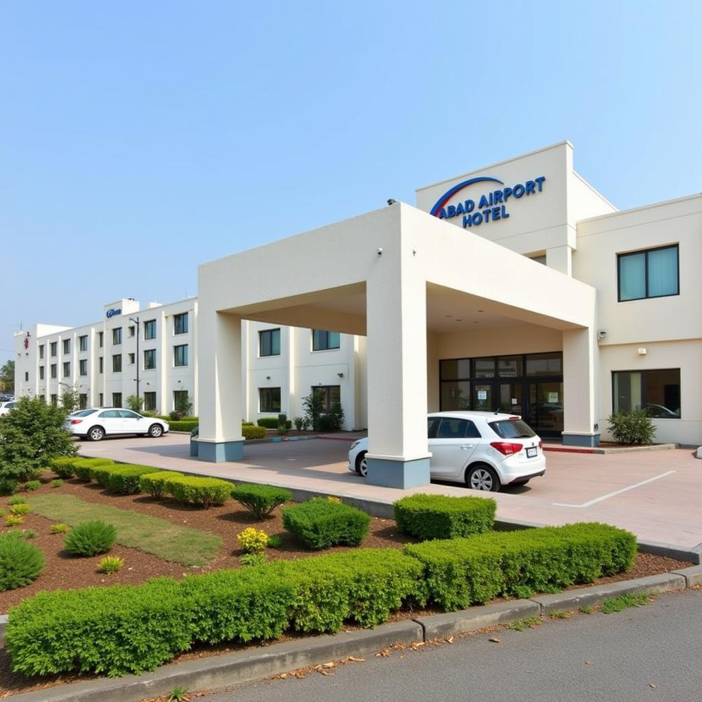 Abad Airport Hotel Exterior View: A modern building with lush landscaping and ample parking.