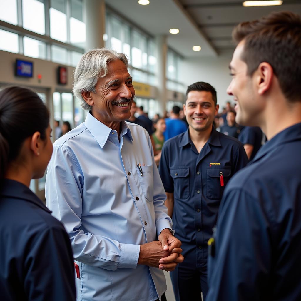 Dr. APJ Abdul Kalam interacting with airport staff, showcasing his humility and respect for all individuals.