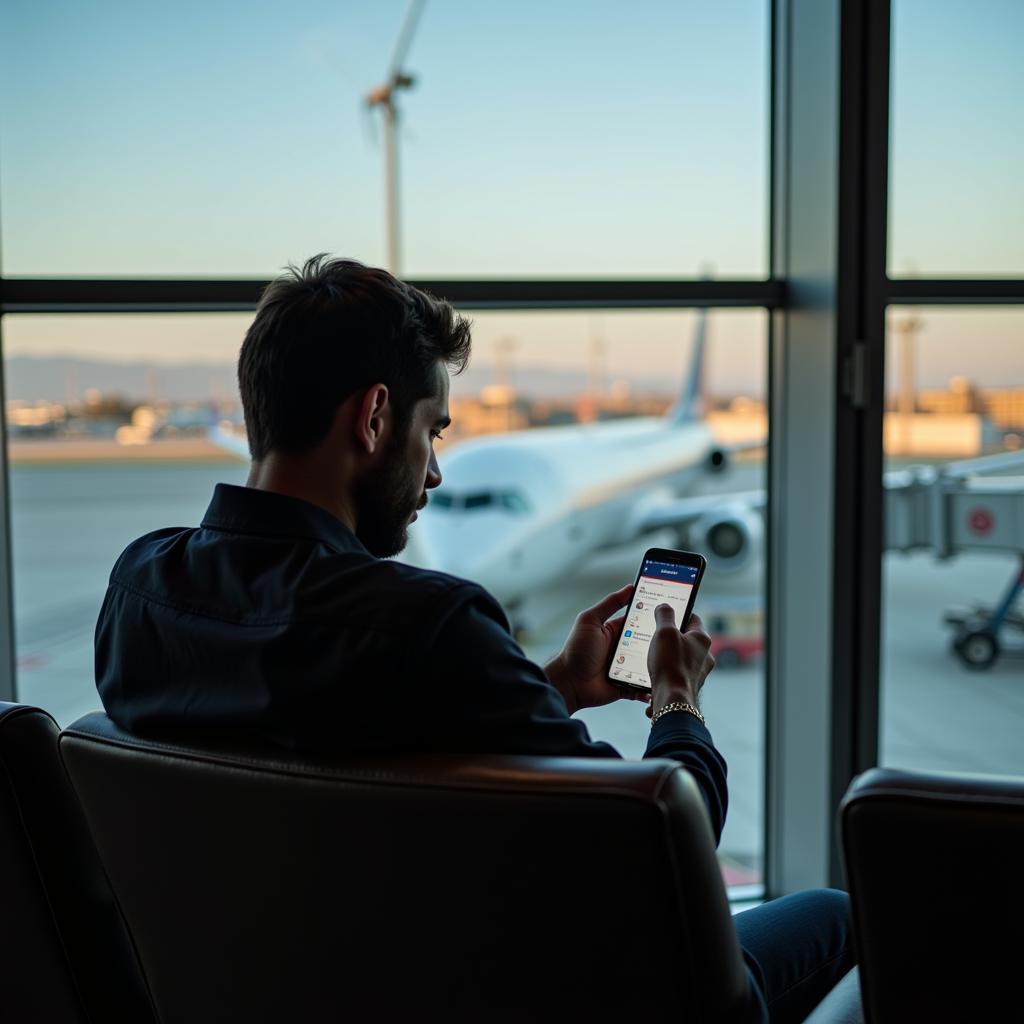 Passenger Checking Flight Schedule on Phone at Abha Airport