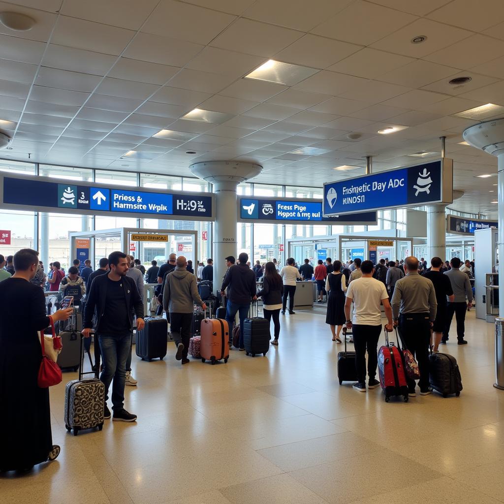 Abu Dhabi Airport Arrivals Area - Passengers arriving at the airport and looking for transportation options.