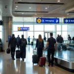 Passengers retrieving luggage at the baggage claim area in Abu Dhabi International Airport