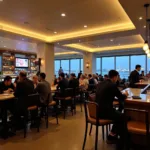 Passengers enjoying drinks at a bar in Abu Dhabi International Airport.