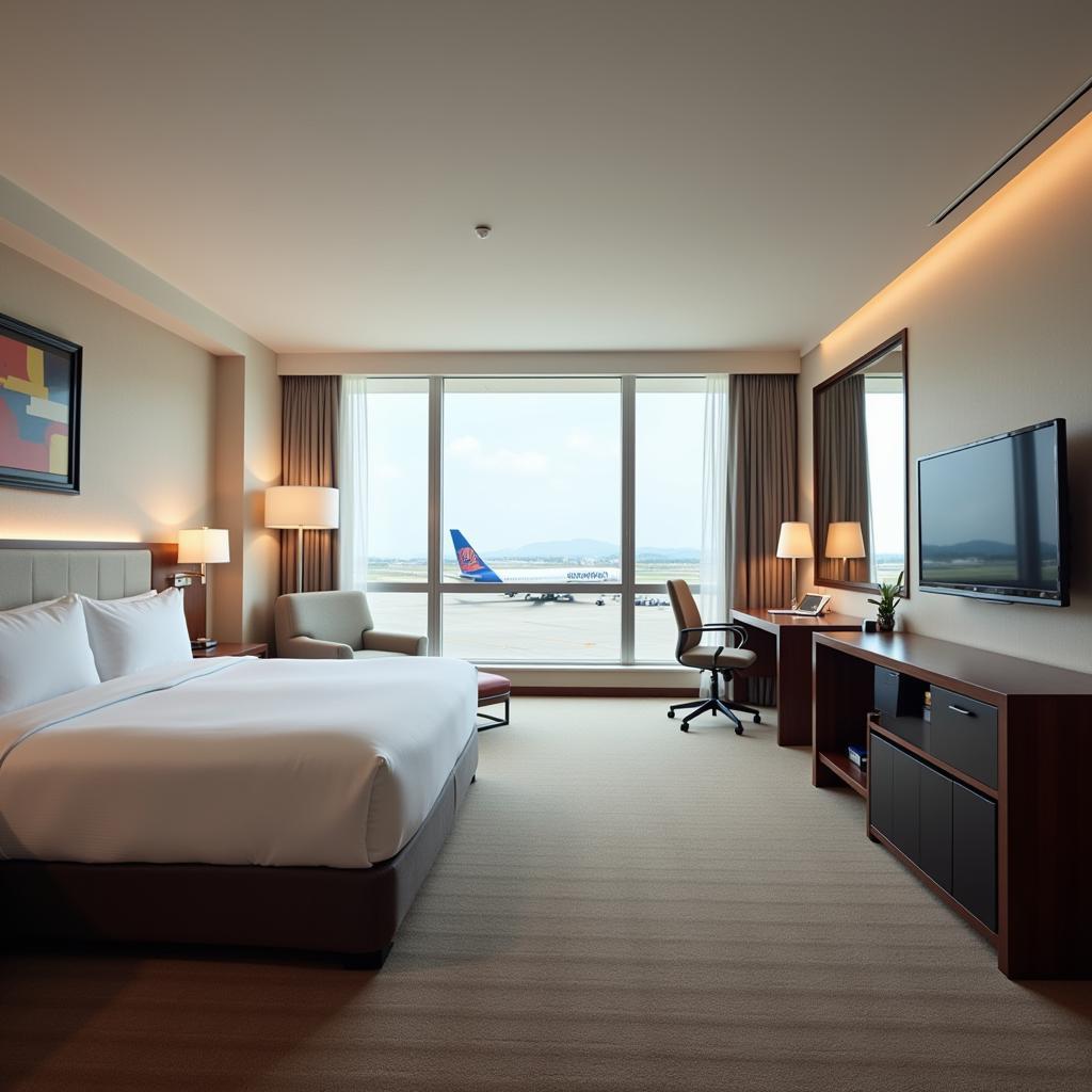 A luxurious hotel room inside Abu Dhabi International Airport, showcasing the various amenities available to guests.