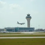 Abuja Airport Runway with Plane Taking Off