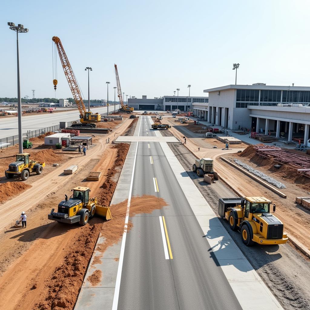 Airport Construction Phase: Heavy Machinery, Runway Development, Terminal Building