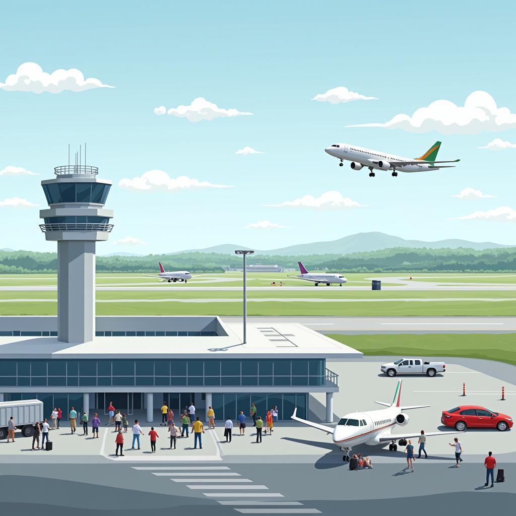 Airport Operational Phase: Air Traffic Control Tower, Passengers in Terminal, Aircraft on Runway