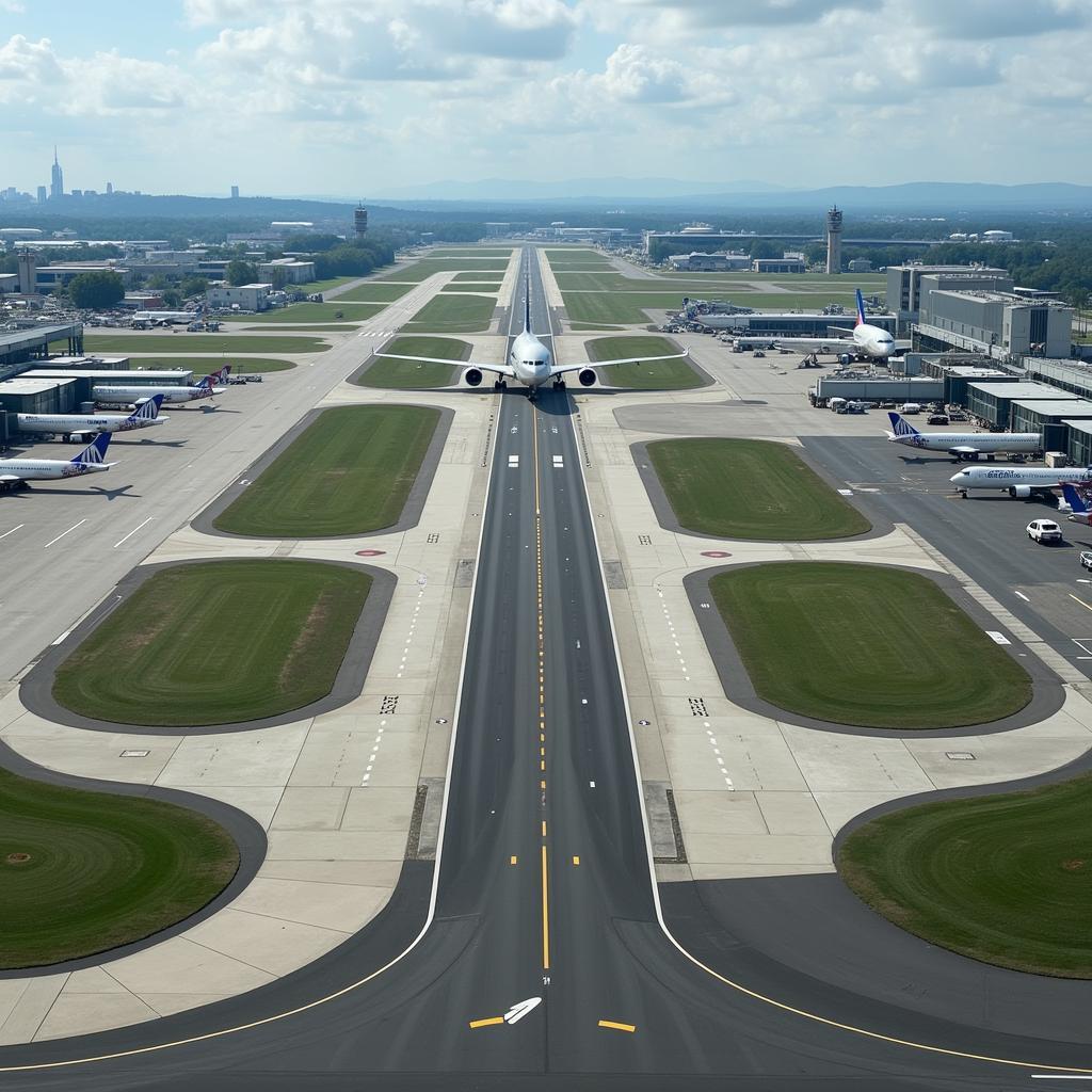 Aerial View of Airport Runway with Planes