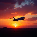 Airplane Taking Off at Sunset