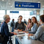 Airport assistance desk with staff helping passengers